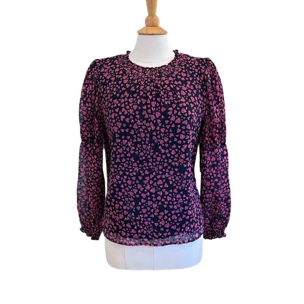 New Ann Taylor LOFT Navy Blouse, Pink Hearts, Puff Sleeve, Sheer Sleeve, Size S